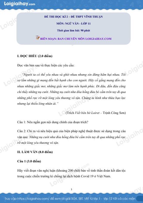 Giải đề thi kì 2 Ngữ văn lớp 11 năm 2019 - 2020 trường THPT Vĩnh Thuận